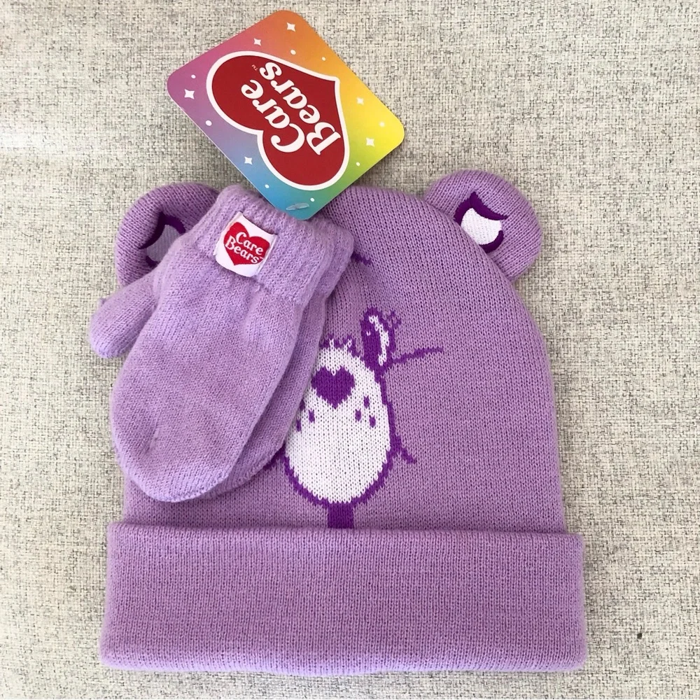 NWT purple Care Bears hat and mitten set kids
